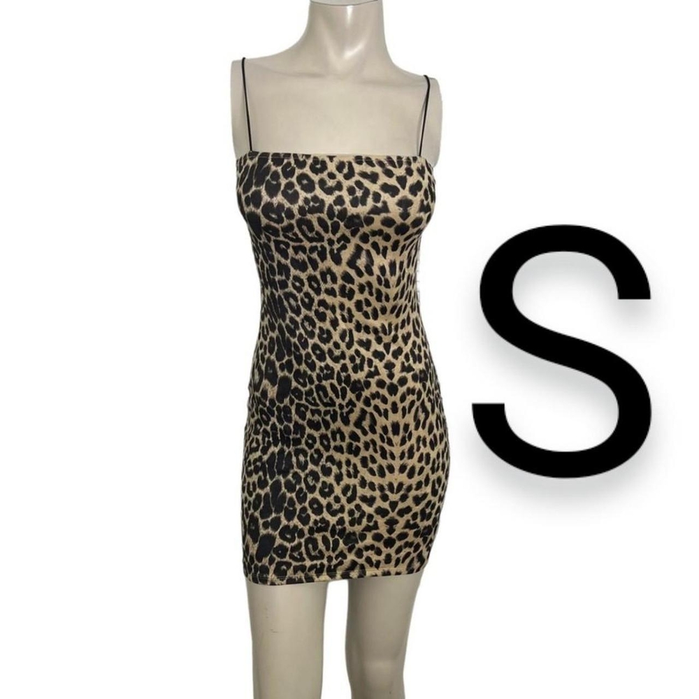 🆕Brown Leopard Animal Print Soft Suede Cami Bungee Straps Bodycon Dress~Size S